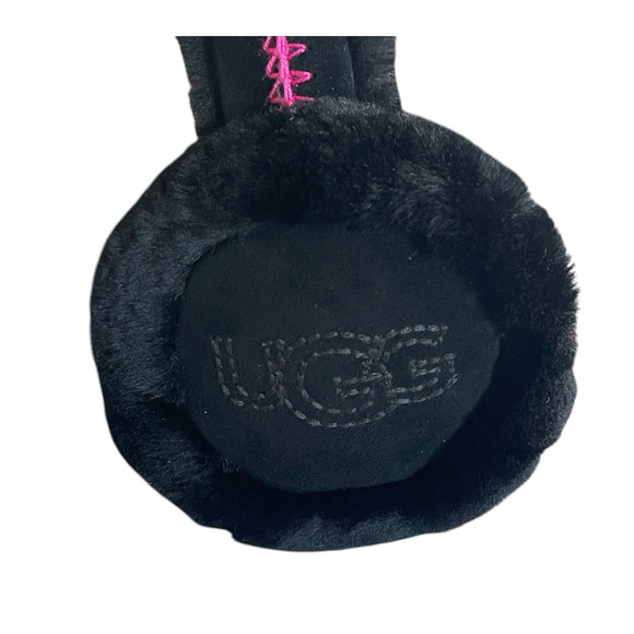 UGG Women OS Black Pink Shearling Sheepskin Embroidered Earmuffs Logo NWT + Box main image 4